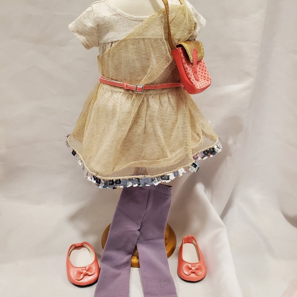 American Girl Isabelle's Metallic Dress,belt, tights, shoes, + Xtra purse
